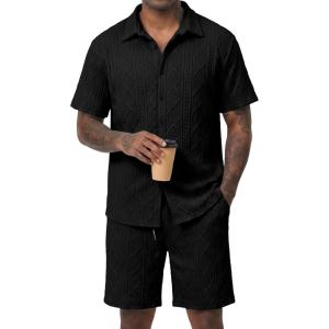 image:imageJMIERR Mens Summer 2 Piece Beach Sets Texture Short Sleeve Button Down Knit Shirts and Shorts Vacation Outfits of MenBlack