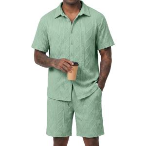 image:imageJMIERR Mens Summer 2 Piece Beach Sets Texture Short Sleeve Button Down Knit Shirts and Shorts Vacation Outfits of MenGreen