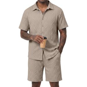 image:imageJMIERR Mens Summer 2 Piece Beach Sets Texture Short Sleeve Button Down Knit Shirts and Shorts Vacation Outfits of MenKhaki