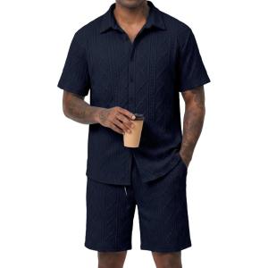 image:imageJMIERR Mens Summer 2 Piece Beach Sets Texture Short Sleeve Button Down Knit Shirts and Shorts Vacation Outfits of MenNavy Blue
