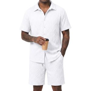 image:imageJMIERR Mens Summer 2 Piece Beach Sets Texture Short Sleeve Button Down Knit Shirts and Shorts Vacation Outfits of MenWhite