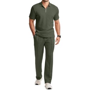 image:imageJMIERR Mens Summer 2 Piece Outfits Short Sets Beach Waffle 14 Zip Polo Shirts Casual Loose Pant LoungewearGreen