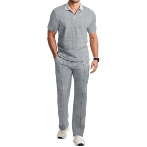 image:imageJMIERR Mens Summer 2 Piece Outfits Short Sets Beach Waffle 14 Zip Polo Shirts Casual Loose Pant LoungewearGrey