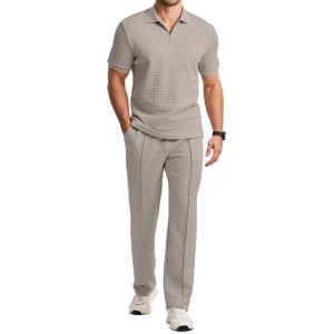 image:imageJMIERR Mens Summer 2 Piece Outfits Short Sets Beach Waffle 14 Zip Polo Shirts Casual Loose Pant LoungewearKhaki