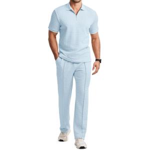 image:imageJMIERR Mens Summer 2 Piece Outfits Short Sets Beach Waffle 14 Zip Polo Shirts Casual Loose Pant LoungewearLight Blue
