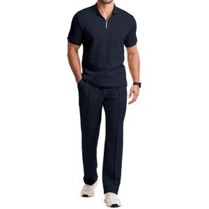 image:imageJMIERR Mens Summer 2 Piece Outfits Short Sets Beach Waffle 14 Zip Polo Shirts Casual Loose Pant LoungewearNavy Blue