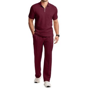 image:imageJMIERR Mens Summer 2 Piece Outfits Short Sets Beach Waffle 14 Zip Polo Shirts Casual Loose Pant LoungewearRed