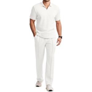 image:imageJMIERR Mens Summer 2 Piece Outfits Short Sets Beach Waffle 14 Zip Polo Shirts Casual Loose Pant LoungewearWhite