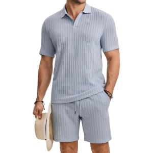 image:imageJMIERR Mens Summer Beach Outfits 2 Piece Jacquard Knit Lounge Short Sleeve Shirts amp Shorts Vacation Texture SetsBeau Blue
