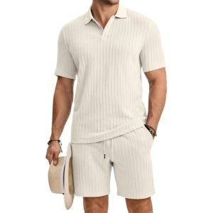 image:imageJMIERR Mens Summer Beach Outfits 2 Piece Jacquard Knit Lounge Short Sleeve Shirts amp Shorts Vacation Texture SetsBeige