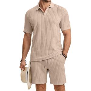 image:imageJMIERR Mens Summer Beach Outfits 2 Piece Jacquard Knit Lounge Short Sleeve Shirts amp Shorts Vacation Texture SetsKhaki