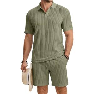 image:imageJMIERR Mens Summer Beach Outfits 2 Piece Jacquard Knit Lounge Short Sleeve Shirts amp Shorts Vacation Texture SetsLaurel Green