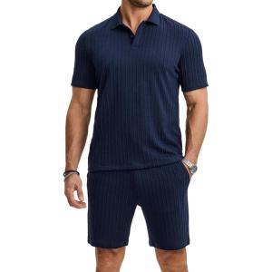 image:imageJMIERR Mens Summer Beach Outfits 2 Piece Jacquard Knit Lounge Short Sleeve Shirts amp Shorts Vacation Texture SetsNavy Blue