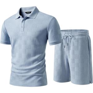 image:imageJMIERR Mens Sweatsuits Sets Summer Tracksuits 2 Piece Outfits Textured Short Sleeve Golf Polo Drawstring ShortBeau Blue