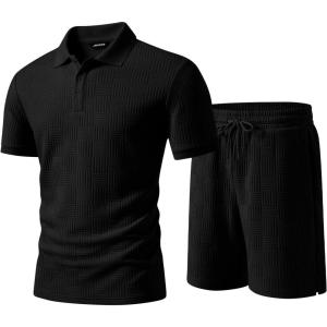 image:imageJMIERR Mens Sweatsuits Sets Summer Tracksuits 2 Piece Outfits Textured Short Sleeve Golf Polo Drawstring ShortBlack