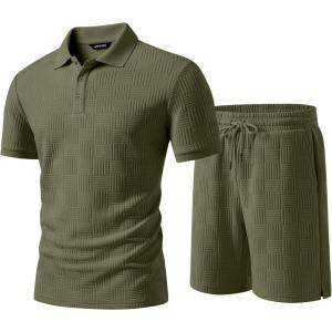 image:imageJMIERR Mens Sweatsuits Sets Summer Tracksuits 2 Piece Outfits Textured Short Sleeve Golf Polo Drawstring ShortJungle Green