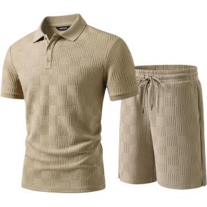 image:imageJMIERR Mens Sweatsuits Sets Summer Tracksuits 2 Piece Outfits Textured Short Sleeve Golf Polo Drawstring ShortLight French Beige
