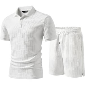 image:imageJMIERR Mens Sweatsuits Sets Summer Tracksuits 2 Piece Outfits Textured Short Sleeve Golf Polo Drawstring ShortWhite