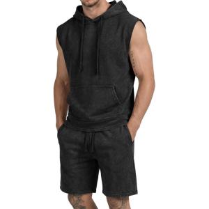 image:imageJMIERR Mens Track Suits 2 Piece Set Casual Sleeveless Hoodie Tank Top and Shorts Acid Wash Cotton Gym SweatsuitsBlack
