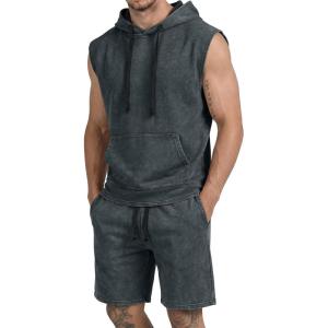 image:imageJMIERR Mens Track Suits 2 Piece Set Casual Sleeveless Hoodie Tank Top and Shorts Acid Wash Cotton Gym SweatsuitsMedium Grey