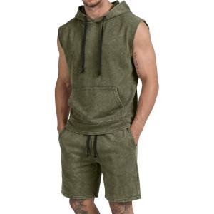 image:imageJMIERR Mens Track Suits 2 Piece Set Casual Sleeveless Hoodie Tank Top and Shorts Acid Wash Cotton Gym SweatsuitsMoss Green
