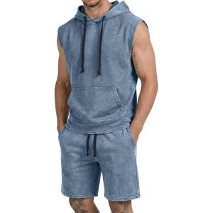 image:imageJMIERR Mens Track Suits 2 Piece Set Casual Sleeveless Hoodie Tank Top and Shorts Acid Wash Cotton Gym SweatsuitsSail Blue