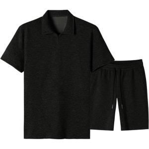 image:imageJMIERR Mens Tracksuits 2 Piece Outfits Casual Sweatsuit Textured 14 Zip Short Sleeve Golf Polo Shirt and Short SetsA Black