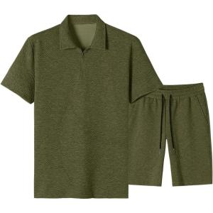 image:imageJMIERR Mens Tracksuits 2 Piece Outfits Casual Sweatsuit Textured 14 Zip Short Sleeve Golf Polo Shirt and Short SetsA Green