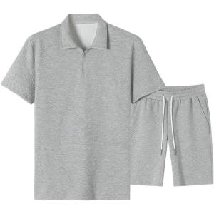 image:imageJMIERR Mens Tracksuits 2 Piece Outfits Casual Sweatsuit Textured 14 Zip Short Sleeve Golf Polo Shirt and Short SetsA Grey