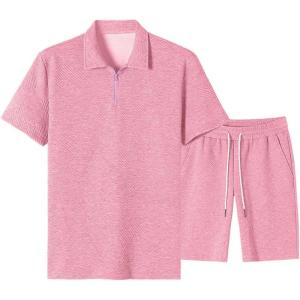 image:imageJMIERR Mens Tracksuits 2 Piece Outfits Casual Sweatsuit Textured 14 Zip Short Sleeve Golf Polo Shirt and Short SetsA Pink