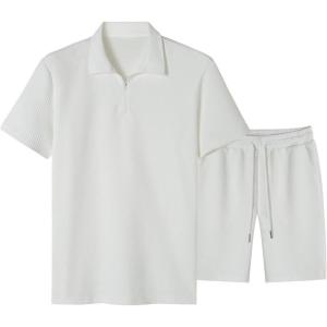 image:imageJMIERR Mens Tracksuits 2 Piece Outfits Casual Sweatsuit Textured 14 Zip Short Sleeve Golf Polo Shirt and Short SetsA White