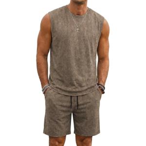 image:imageJMIERR Mens Vintage Acid Wash Two Piece Set Cotton Sleeveless Tank Top and ShortsBeige