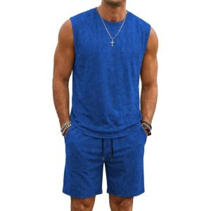 image:imageJMIERR Mens Vintage Acid Wash Two Piece Set Cotton Sleeveless Tank Top and ShortsBlue