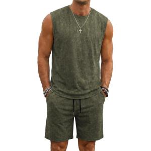 image:imageJMIERR Mens Vintage Acid Wash Two Piece Set Cotton Sleeveless Tank Top and ShortsGreen