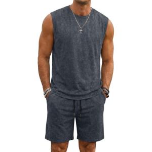 image:imageJMIERR Mens Vintage Acid Wash Two Piece Set Cotton Sleeveless Tank Top and ShortsGrey
