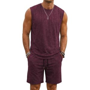 image:imageJMIERR Mens Vintage Acid Wash Two Piece Set Cotton Sleeveless Tank Top and ShortsRed