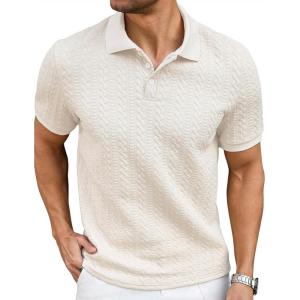 image:imageJMIERR Mens Casual Polo Shirt Knitted Textured Short Sleeve Stretch Golf Shirt Summer Vacation Beach Collared ShirtsApricot