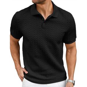 image:imageJMIERR Mens Casual Polo Shirt Knitted Textured Short Sleeve Stretch Golf Shirt Summer Vacation Beach Collared ShirtsBlack