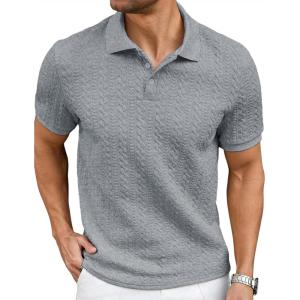 image:imageJMIERR Mens Casual Polo Shirt Knitted Textured Short Sleeve Stretch Golf Shirt Summer Vacation Beach Collared ShirtsGray