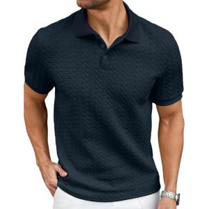 image:imageJMIERR Mens Casual Polo Shirt Knitted Textured Short Sleeve Stretch Golf Shirt Summer Vacation Beach Collared ShirtsNavy Blue