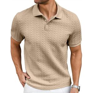 image:imageJMIERR Mens Casual Polo Shirt Knitted Textured Short Sleeve Stretch Golf Shirt Summer Vacation Beach Collared ShirtsParchment