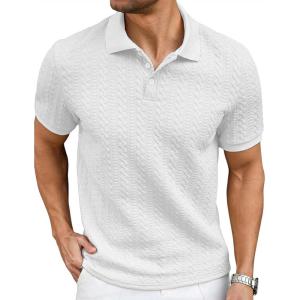 image:imageJMIERR Mens Casual Polo Shirt Knitted Textured Short Sleeve Stretch Golf Shirt Summer Vacation Beach Collared ShirtsWhite