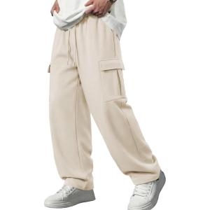image:imageJMIERR Mens Lightweight Baggy Wide Leg Cargo Sweatpants Drawstring Adjustable Ankles Pants with Multiple PocketsBeige