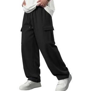 image:imageJMIERR Mens Lightweight Baggy Wide Leg Cargo Sweatpants Drawstring Adjustable Ankles Pants with Multiple PocketsBlack