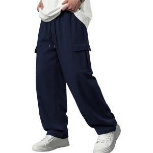 image:imageJMIERR Mens Lightweight Baggy Wide Leg Cargo Sweatpants Drawstring Adjustable Ankles Pants with Multiple PocketsNavy Blue