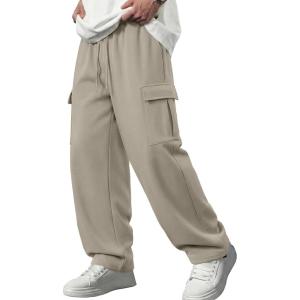 image:imageJMIERR Mens Lightweight Baggy Wide Leg Cargo Sweatpants Drawstring Adjustable Ankles Pants with Multiple PocketsParchment