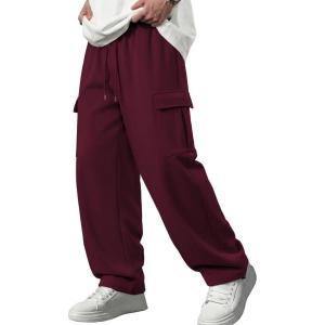 image:imageJMIERR Mens Lightweight Baggy Wide Leg Cargo Sweatpants Drawstring Adjustable Ankles Pants with Multiple PocketsRed