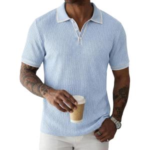 image:imageJMIERR Mens Short Sleeve Knit Polo Shirt Summer Casual Ribbed Texture Golf Polos T ShirtsBeau Blue