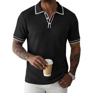 image:imageJMIERR Mens Short Sleeve Knit Polo Shirt Summer Casual Ribbed Texture Golf Polos T ShirtsBlack