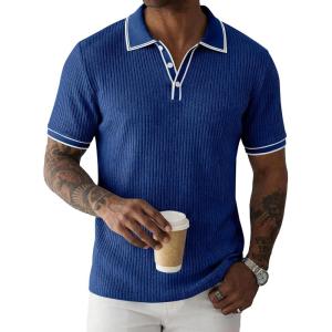 image:imageJMIERR Mens Short Sleeve Knit Polo Shirt Summer Casual Ribbed Texture Golf Polos T ShirtsDark Blue